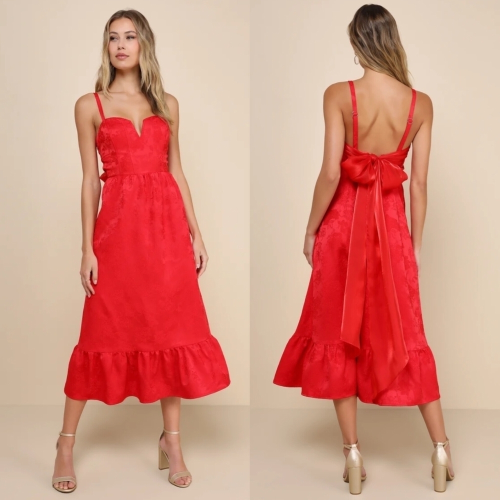 Major Perfection Red Floral Jacquard Midi Dress